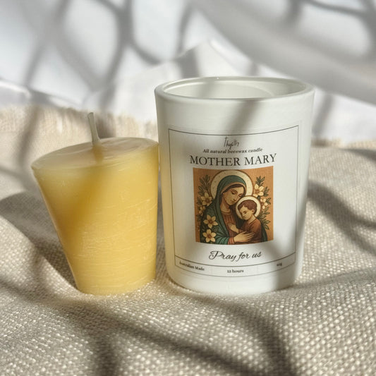 Mother Mary Pure Beeswax Votive Candle | White Glass Jar