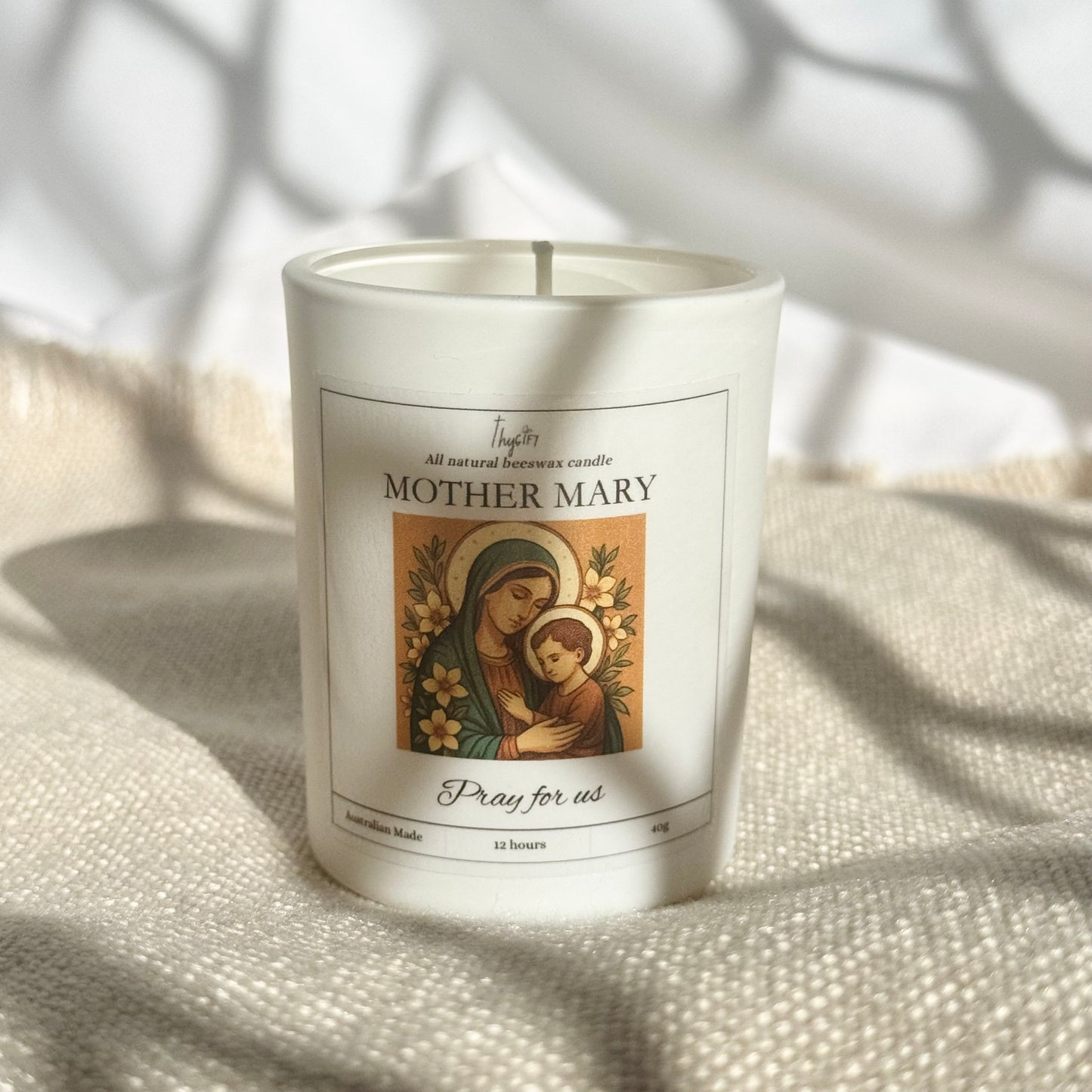 Mother Mary Pure Beeswax Votive Candle | White Glass Jar