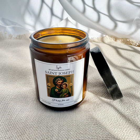 St Joseph Pure Beeswax Devotional Candle | 200g Amber Jar