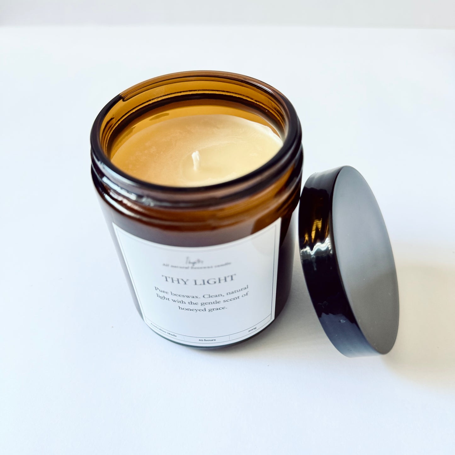 Thy Gift – 100% Pure Australian Beeswax Candle | Unscented | 200g Amber Glass Jar | Handpoured with Cotton Wick