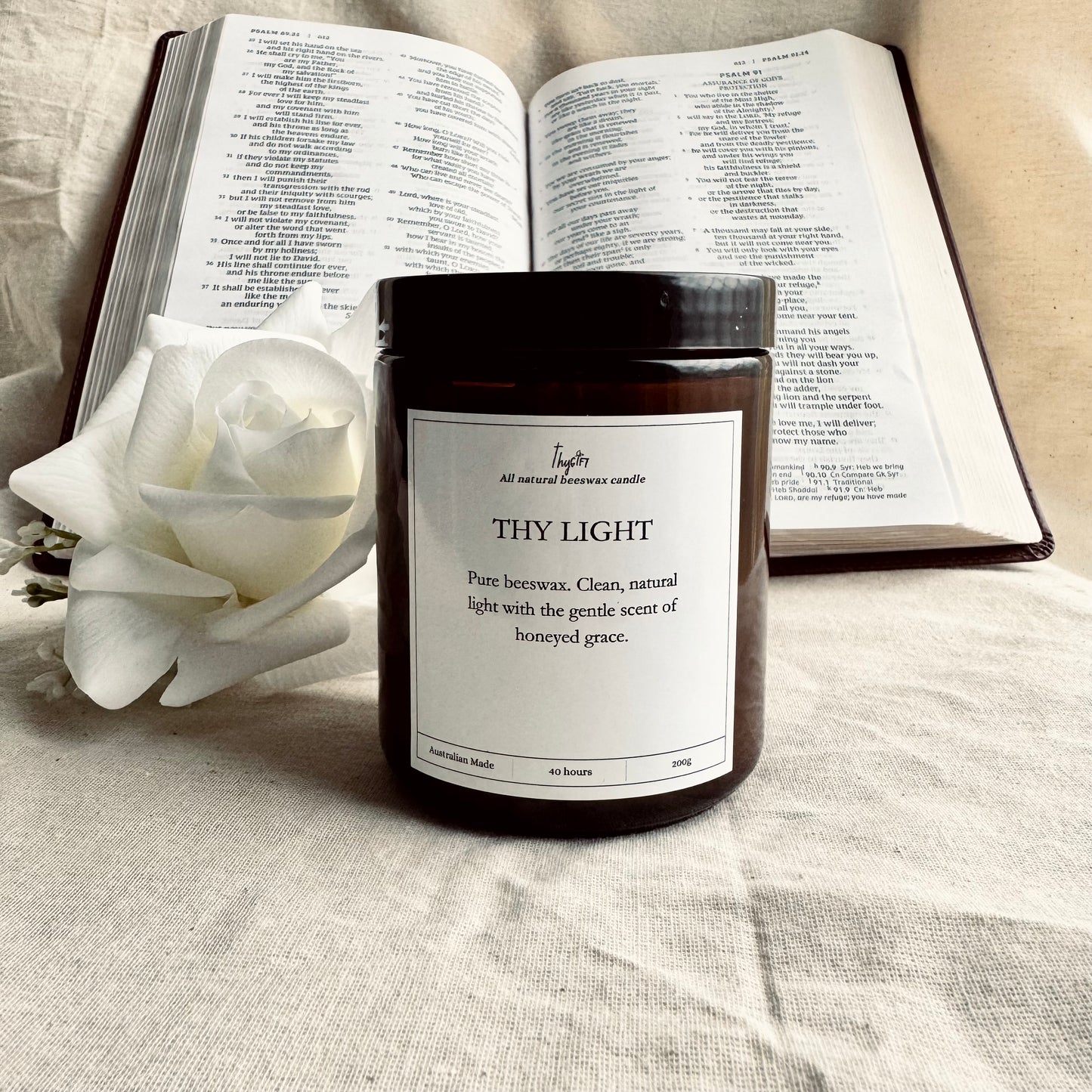 Thy Gift – 100% Pure Australian Beeswax Candle | Unscented | 200g Amber Glass Jar | Handpoured with Cotton Wick