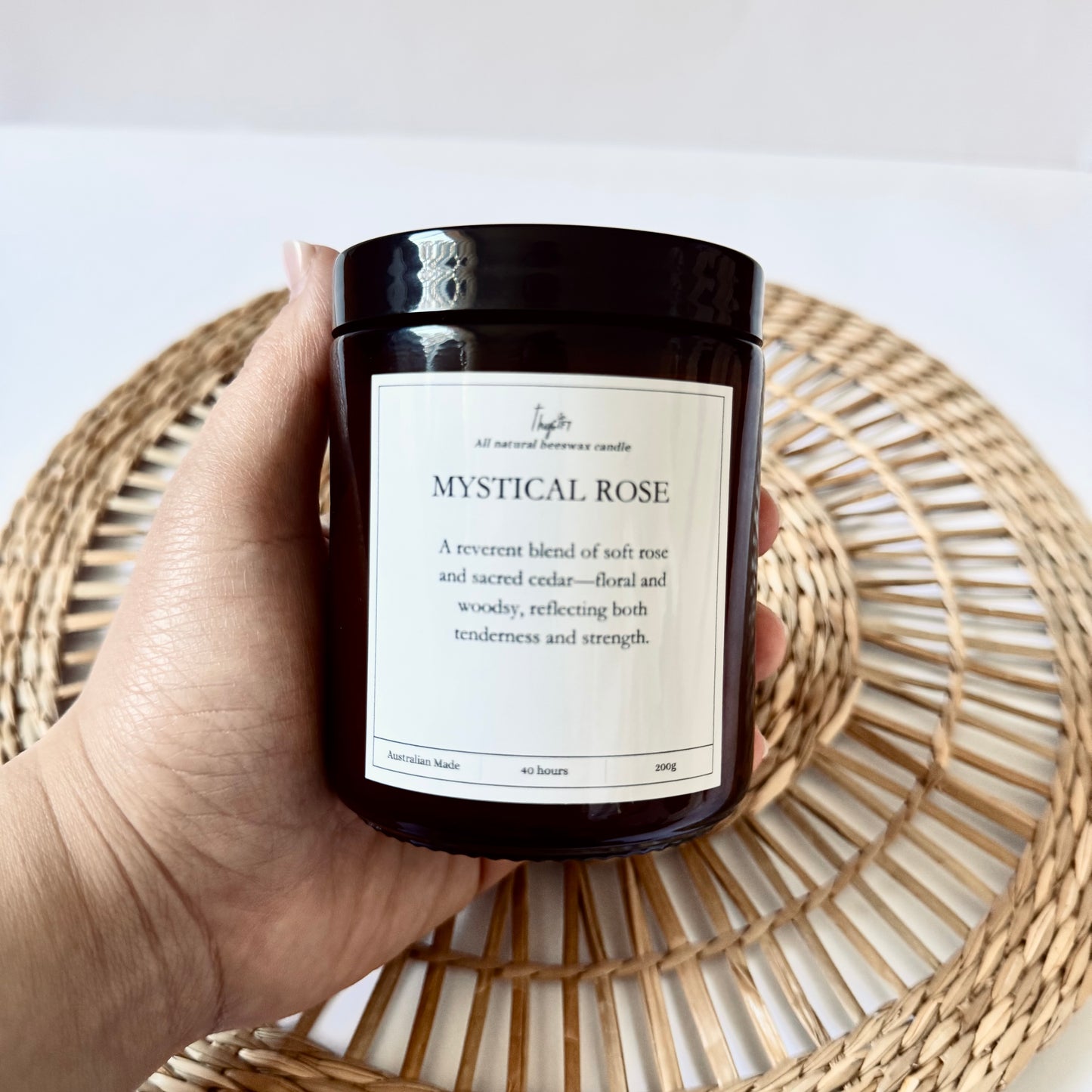 Mystical Rose – Scented Beeswax Candle | 200g Amber Glass Jar | Thy Gift