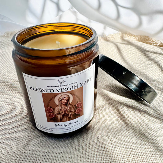 Blessed Virgin Mary Pure Beeswax Devotional Candle | 200g Amber Glass Jar