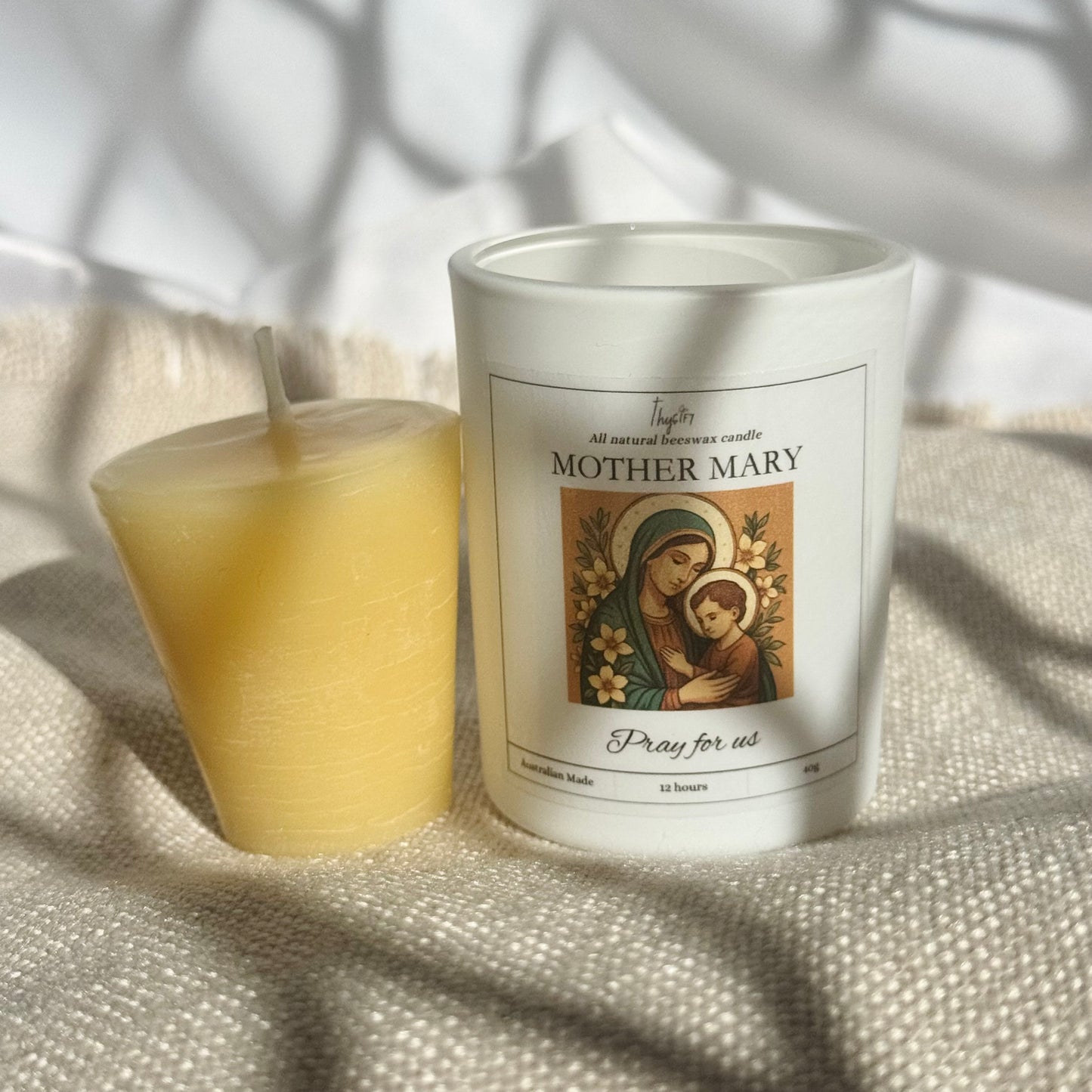 Mother Mary Pure Beeswax Votive Candle | White Glass Jar