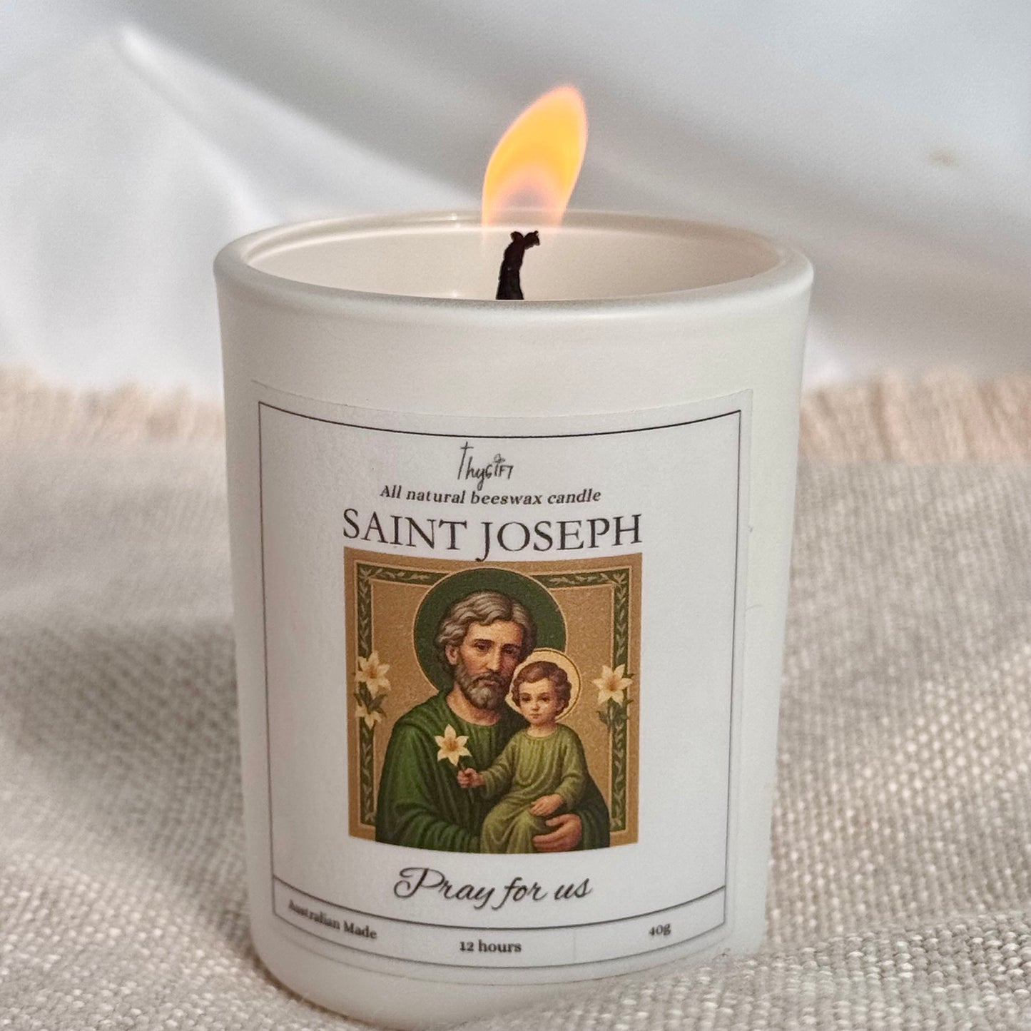 Saint Joseph Pure Beeswax Votive Candle | White Glass Jar