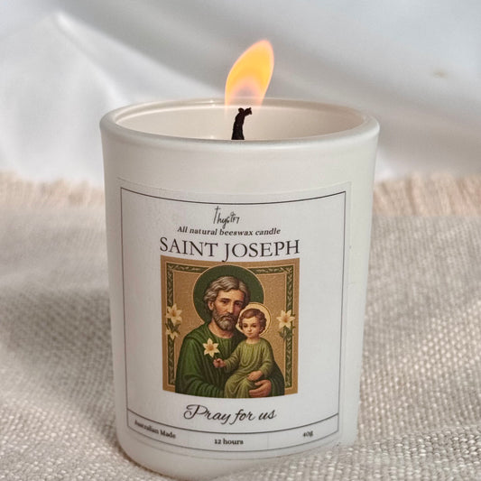 Saint Joseph Pure Beeswax Votive Candle | White Glass Jar