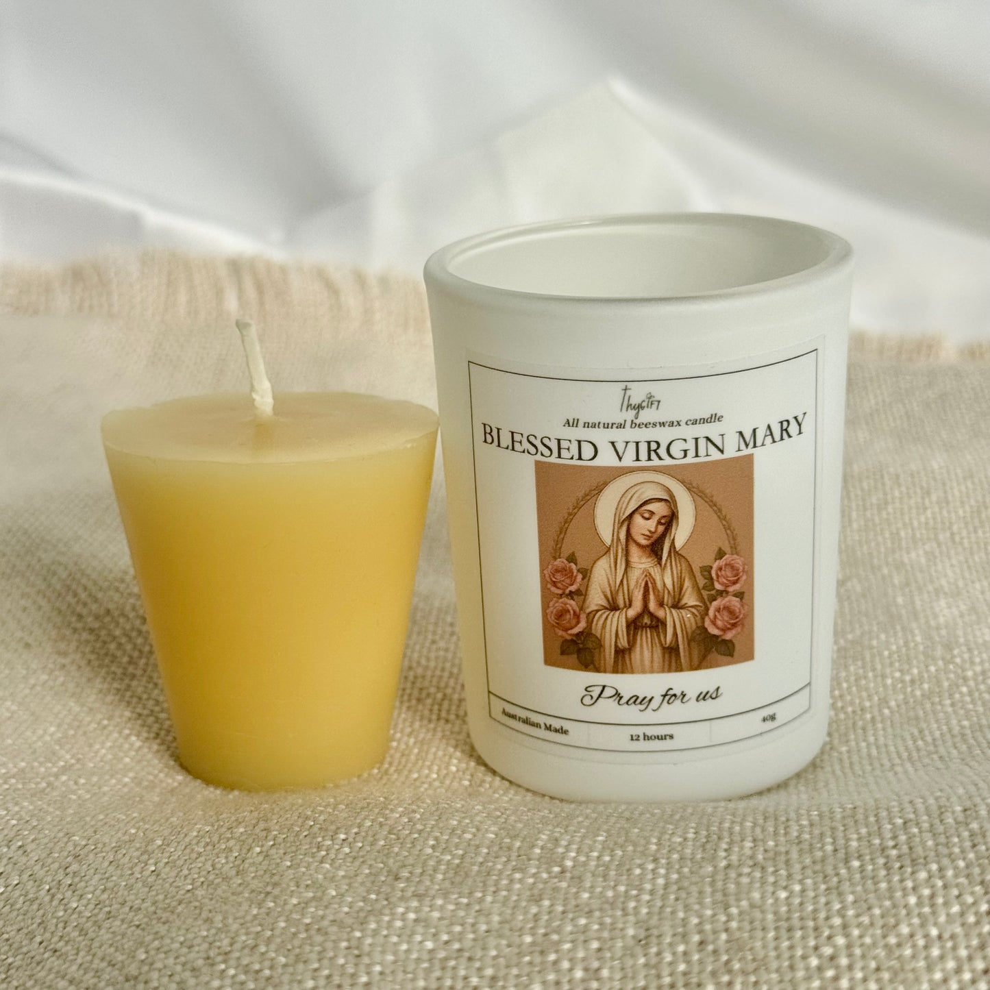 Blessed Virgin Mary Pure Beeswax Votive Candle | White Glass Jar