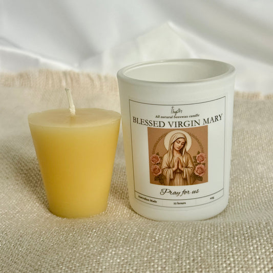 Blessed Virgin Mary Pure Beeswax Votive Candle | White Glass Jar