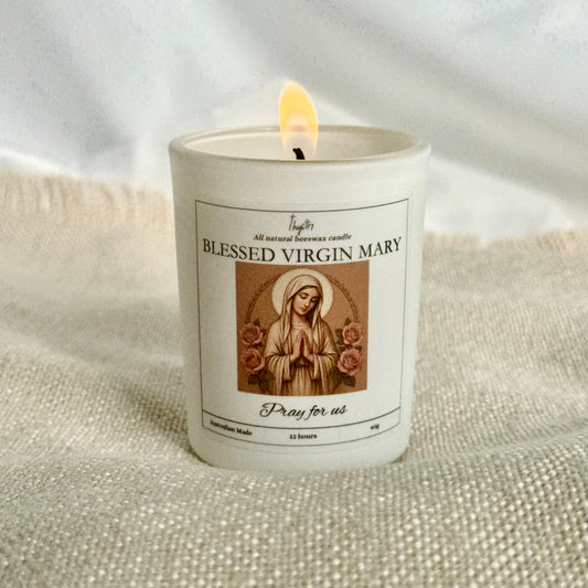 Blessed Virgin Mary Pure Beeswax Votive Candle | White Glass Jar