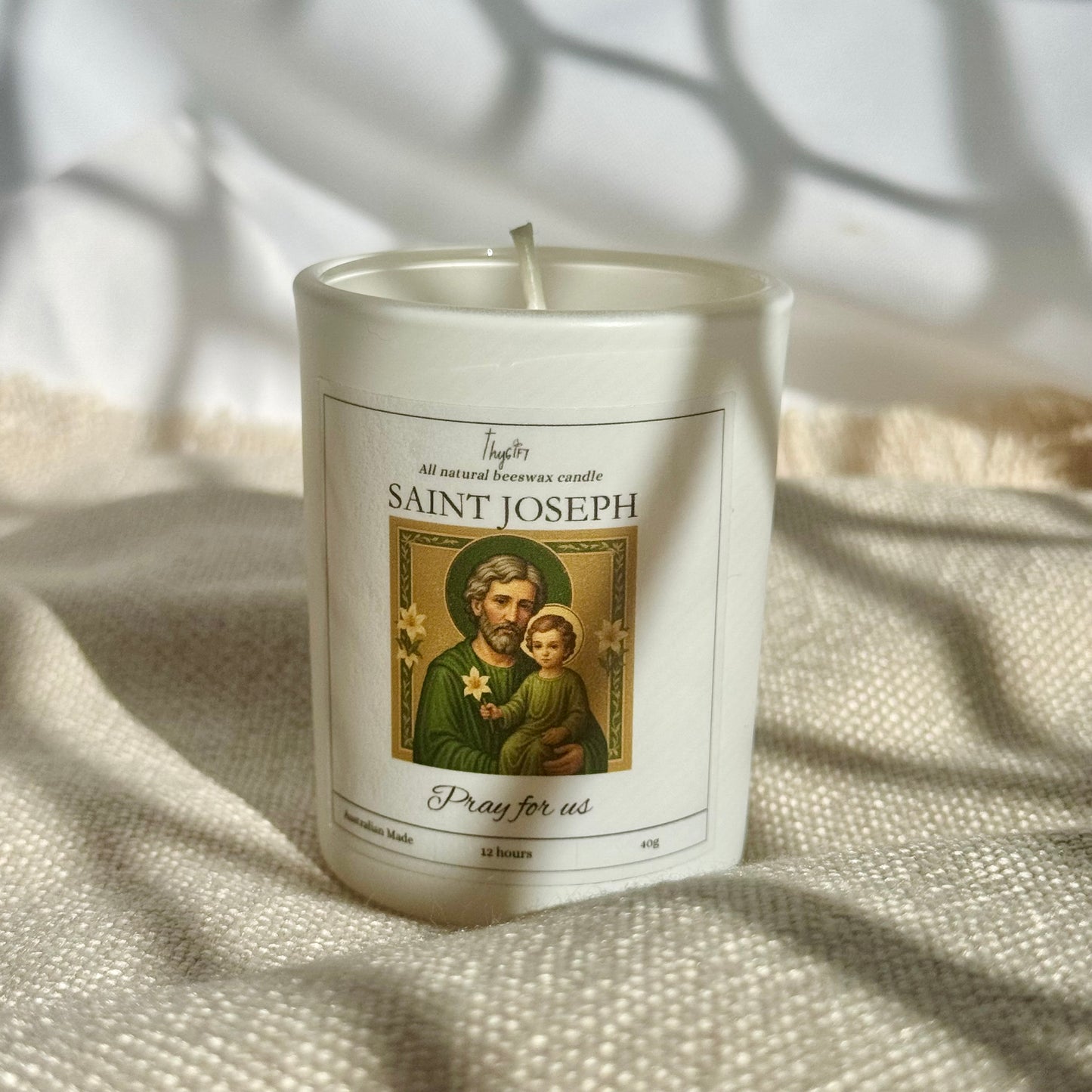 Saint Joseph Pure Beeswax Votive Candle | White Glass Jar