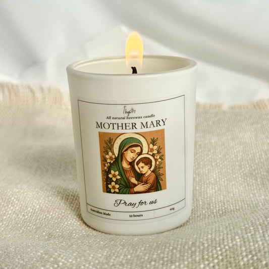 Mother Mary Pure Beeswax Votive Candle | White Glass Jar