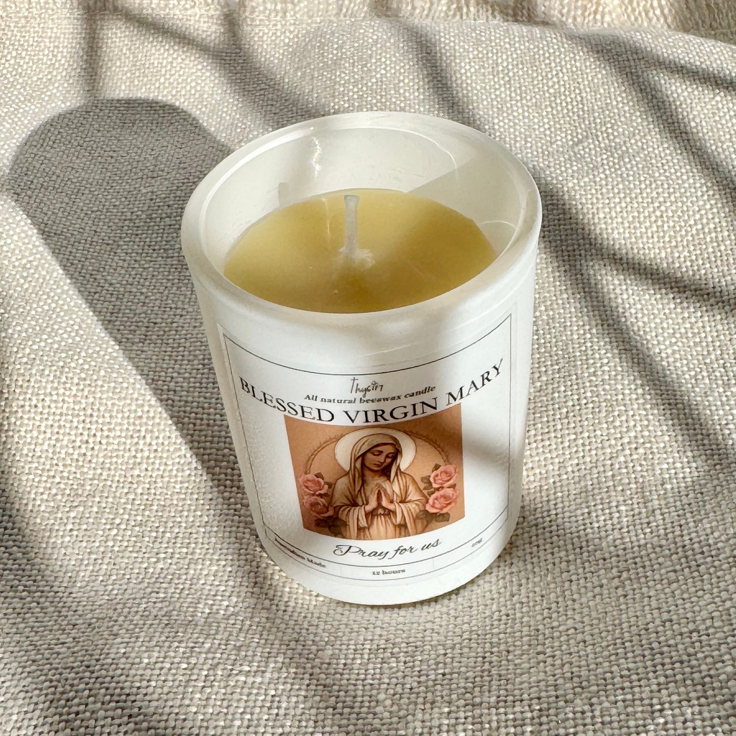 Blessed Virgin Mary Pure Beeswax Votive Candle | White Glass Jar
