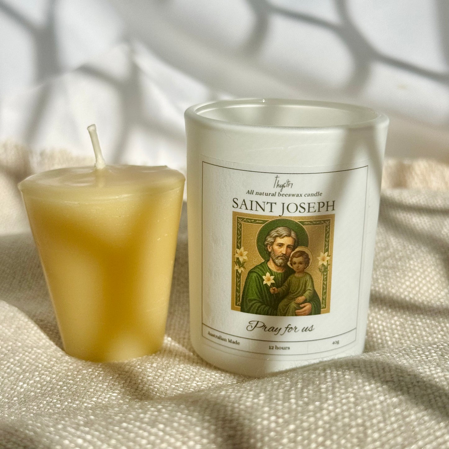 Saint Joseph Pure Beeswax Votive Candle | White Glass Jar