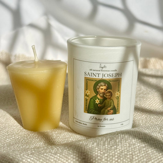Saint Joseph Pure Beeswax Votive Candle | White Glass Jar