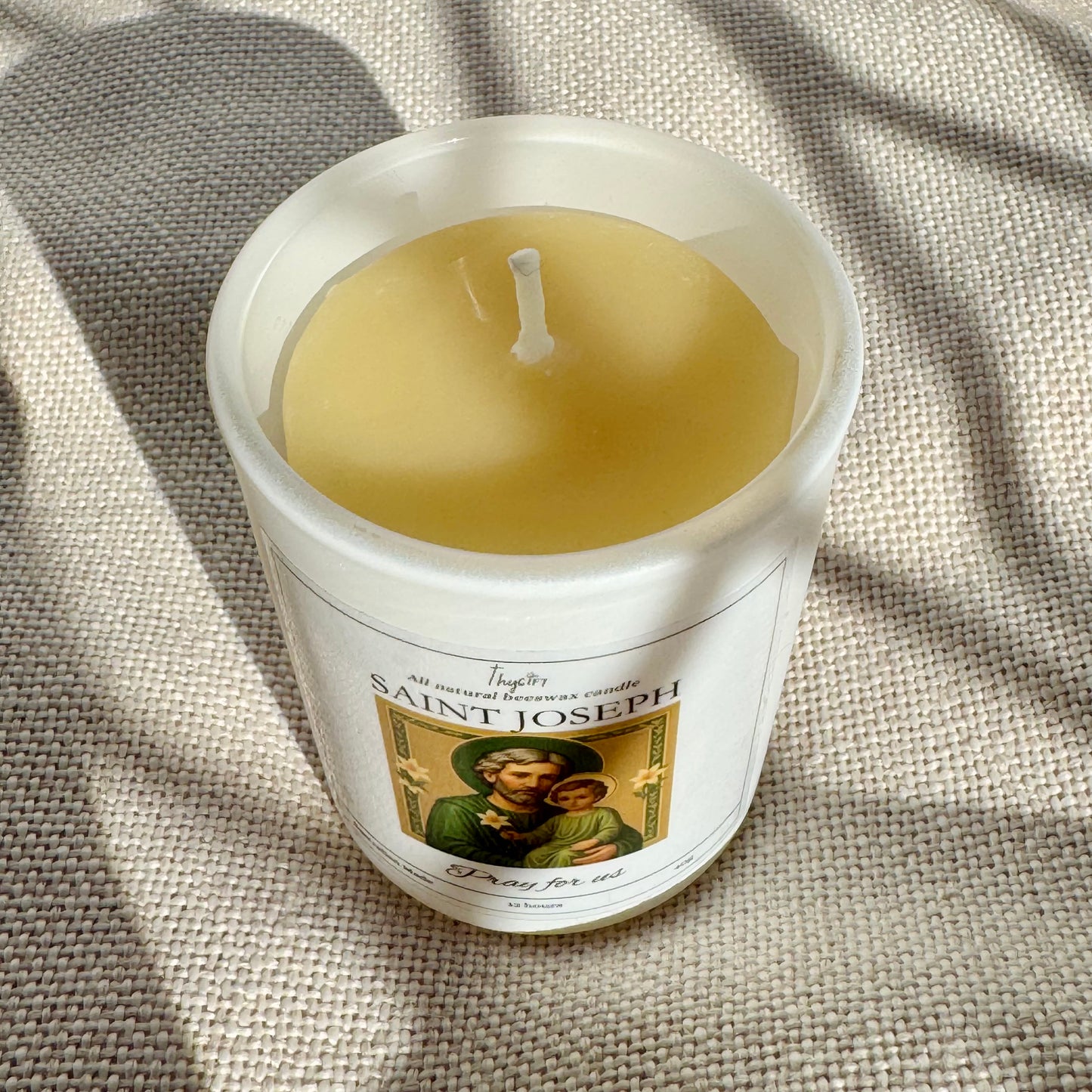 Saint Joseph Pure Beeswax Votive Candle | White Glass Jar