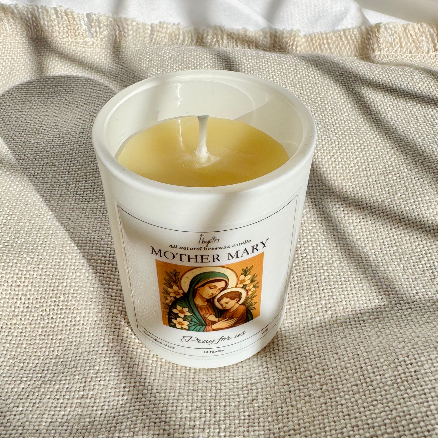 Mother Mary Pure Beeswax Votive Candle | White Glass Jar