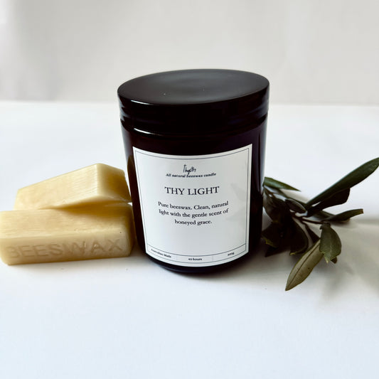 Thy Gift – 100% Pure Australian Beeswax Candle | Unscented | 200g Amber Glass Jar | Handpoured with Cotton Wick