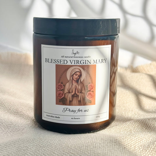Blessed Virgin Mary Pure Beeswax Devotional Candle | 200g Amber Glass Jar