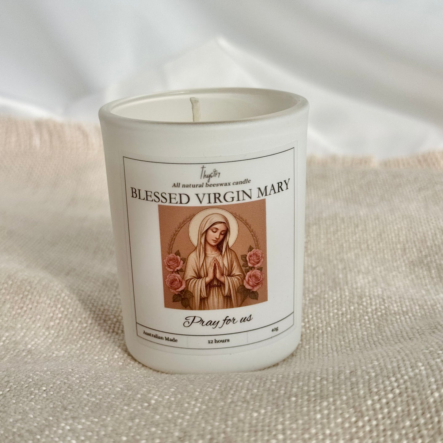 Blessed Virgin Mary Pure Beeswax Votive Candle | White Glass Jar